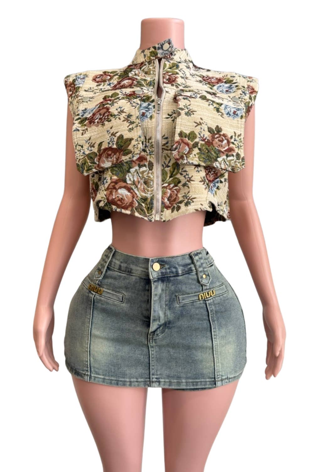 NT1139A Jacquard Floral Zipper Crop Vest
