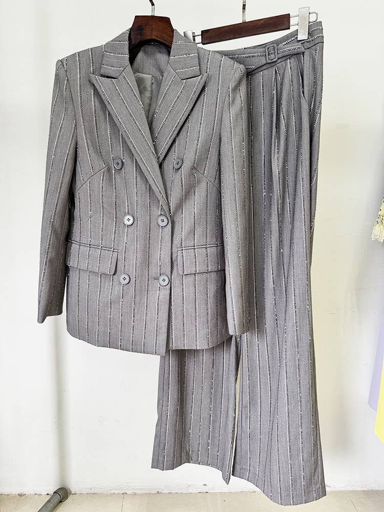 Grey Handmade Hot Diamond Double-Breasted Suit Set