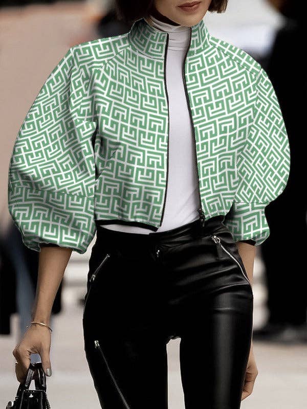 Loose Puff Sleeves Printed Stand Collar Outerwear