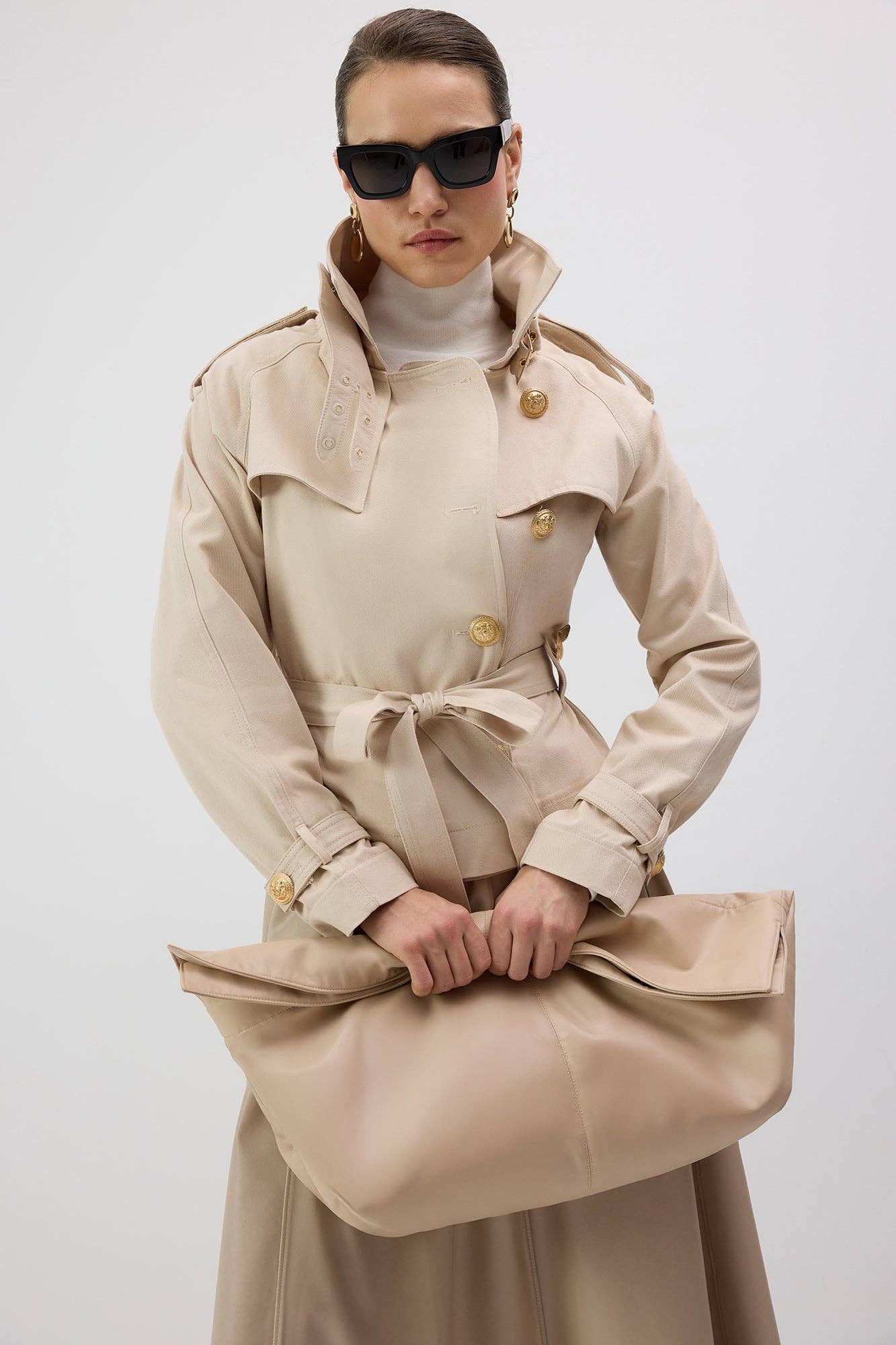 SHORT BELTED DOUBLE BREASTED TRENCH COAT
