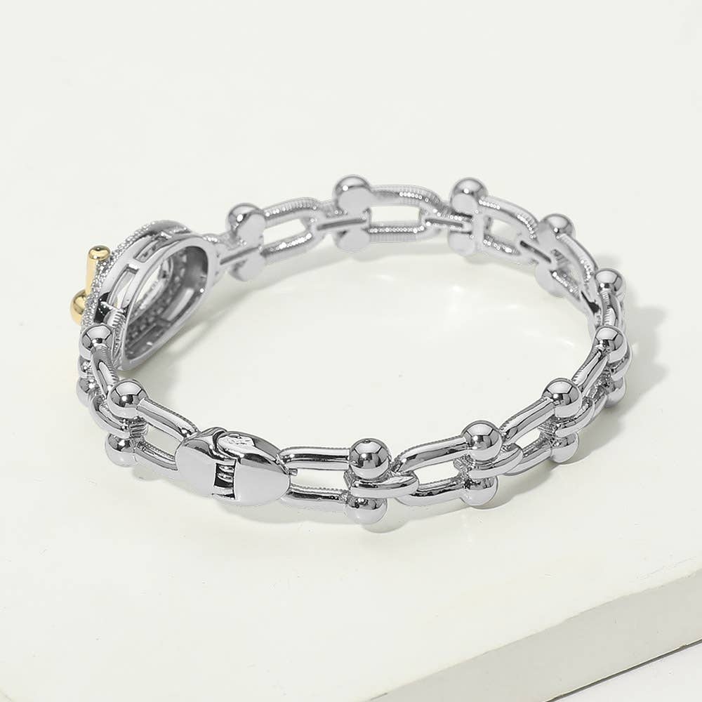 14K Gold Plated Two Tone CZ Pavel Oval Accent Industrial Link Hinged Bangle Bracelet