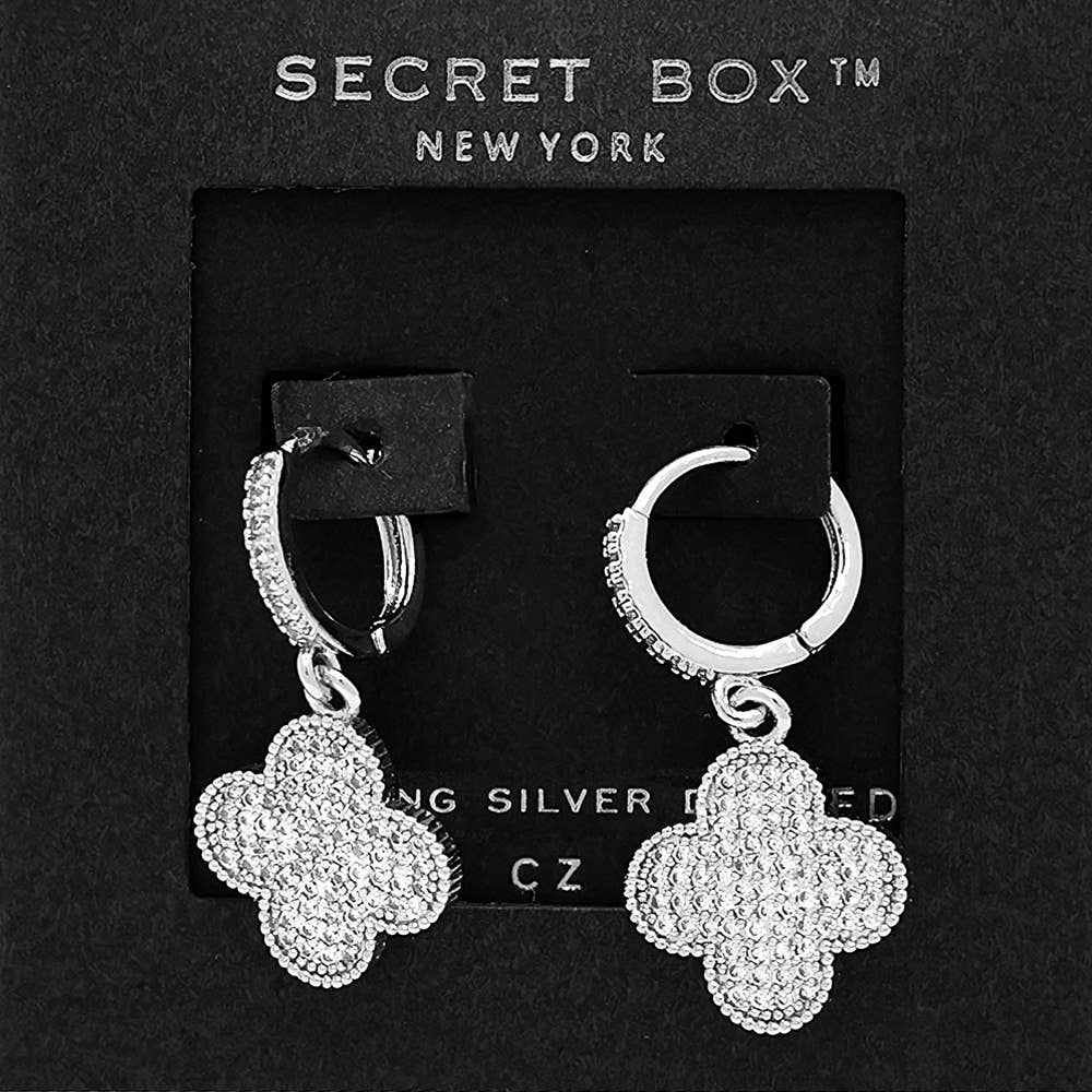 SECRET BOX_14K Gold Dipped CZ Stone Paved Quatrefoil Dangle Huggie Hoop Earrings