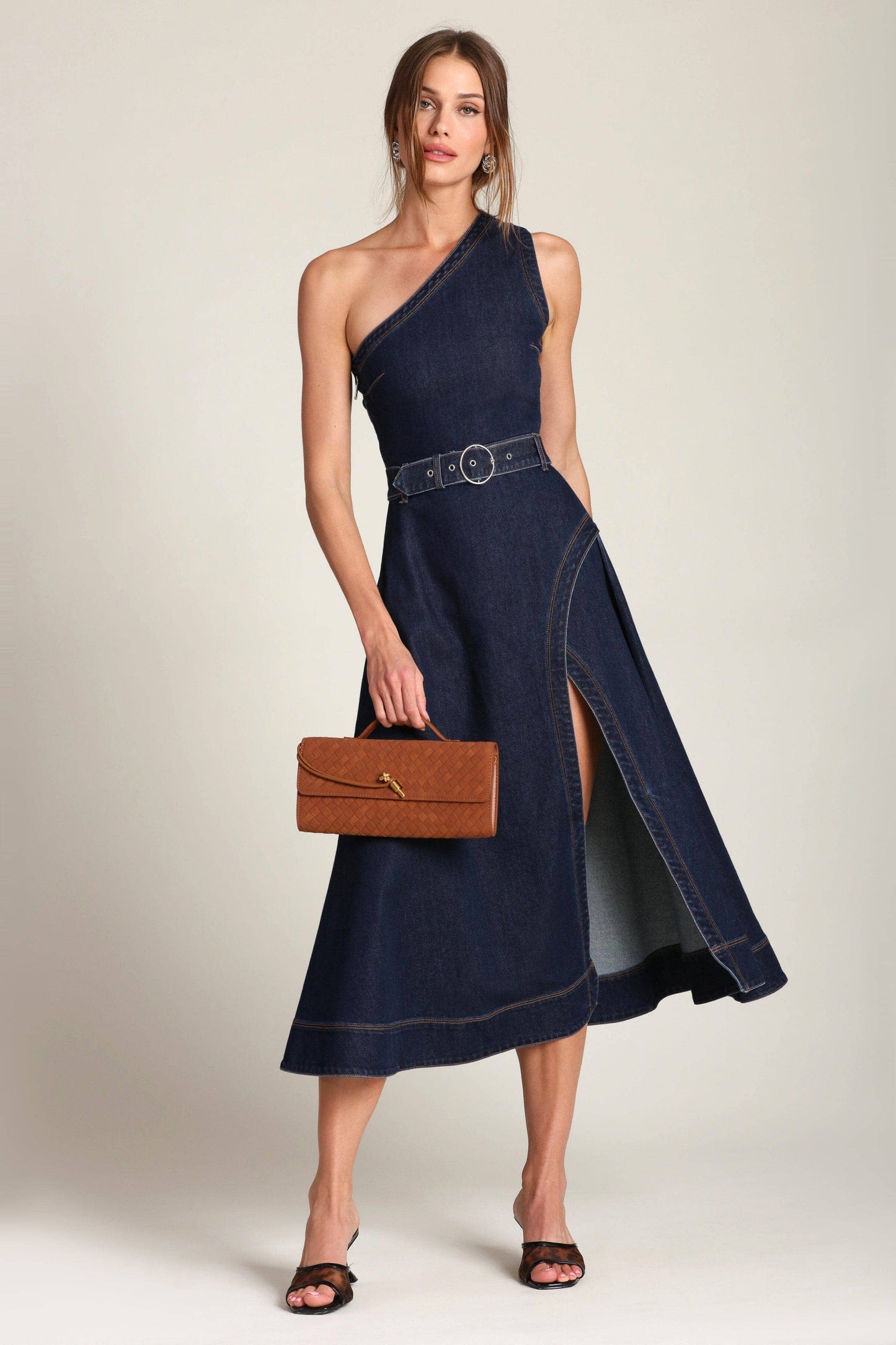 One Shoulder Belted Denim Midi Dress