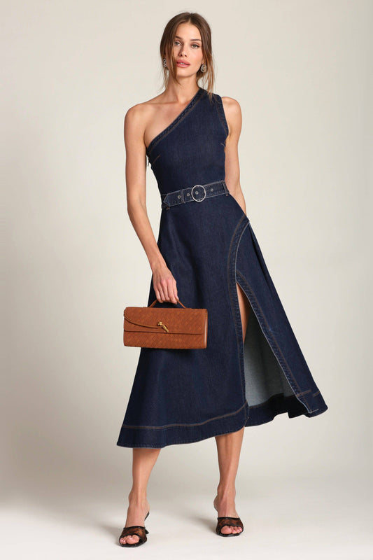 One Shoulder Belted Denim Midi Dress