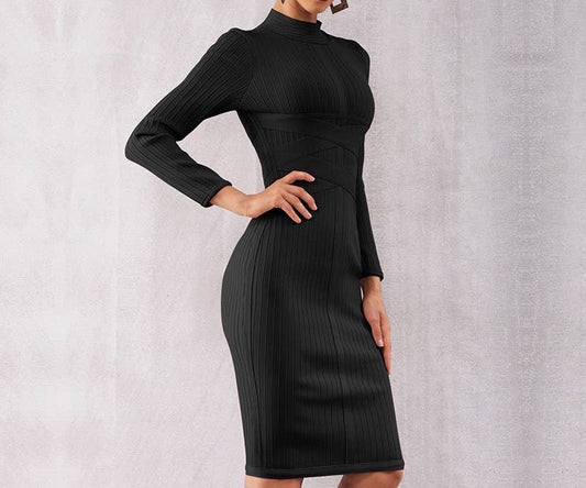 Elegant Stand Collar Long Sleeve Slim Fit Midi Dress