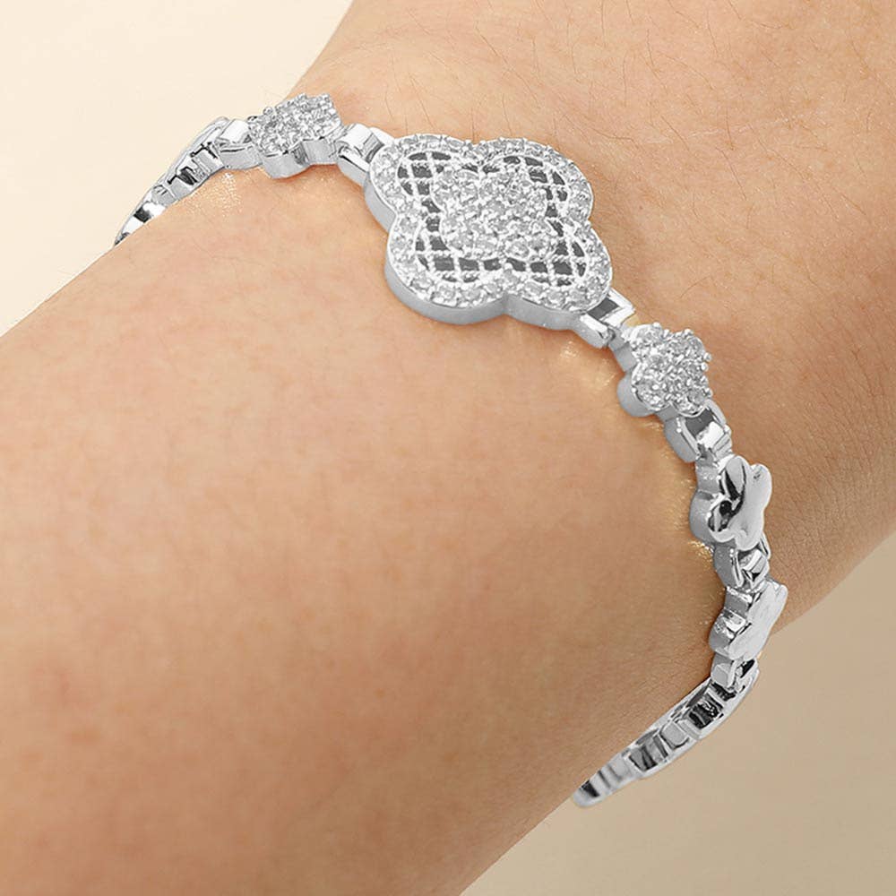CZ Pave Quatrefoil Charm Accent Link Bracelet