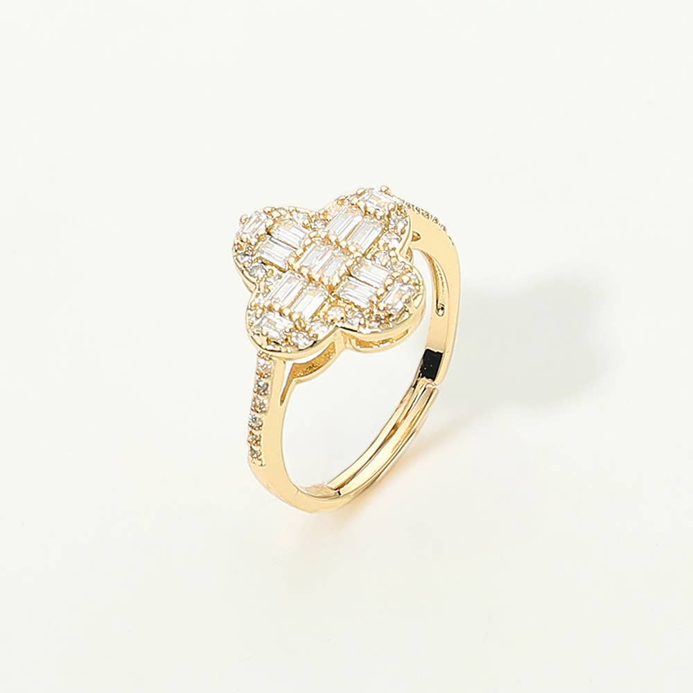 14K Gold Plated CZ Baguette Quatrefoil Adjustable Ring
