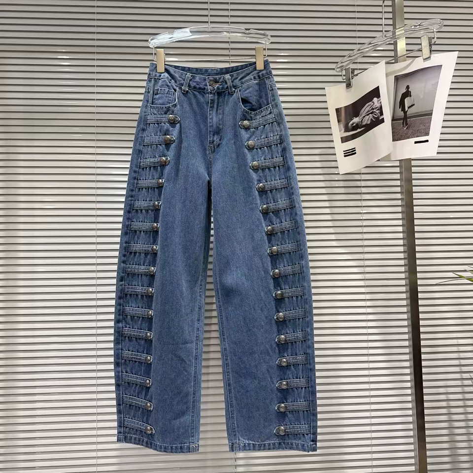 DY40Y Metal Button Wide Leg Barrel Denim Jeans