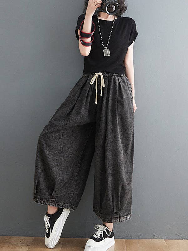 Casual Loose Drawstring Wide Legs Jean Pants