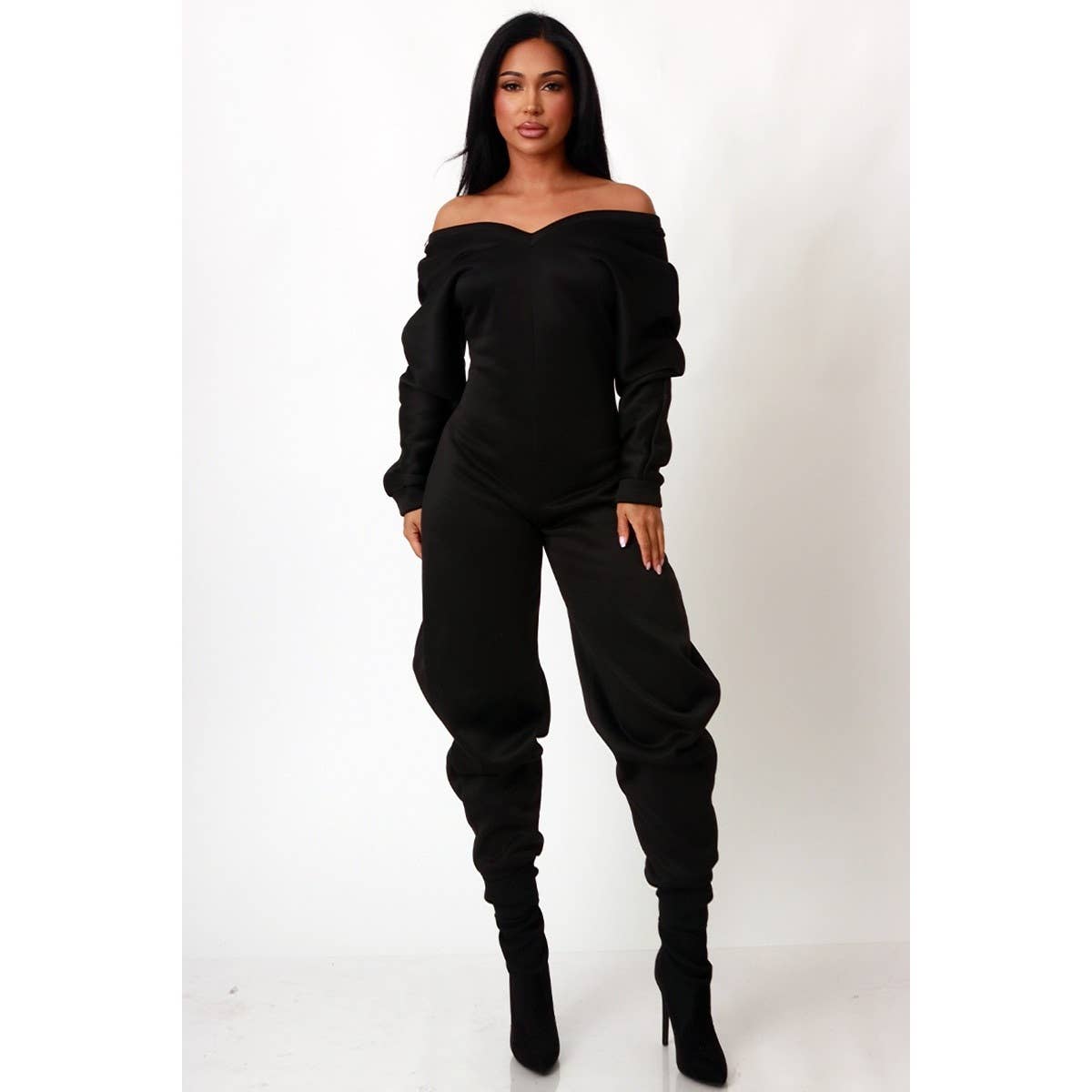 Off Shoulder Cozy Sweatshirt Jumpsuit - Plus Size