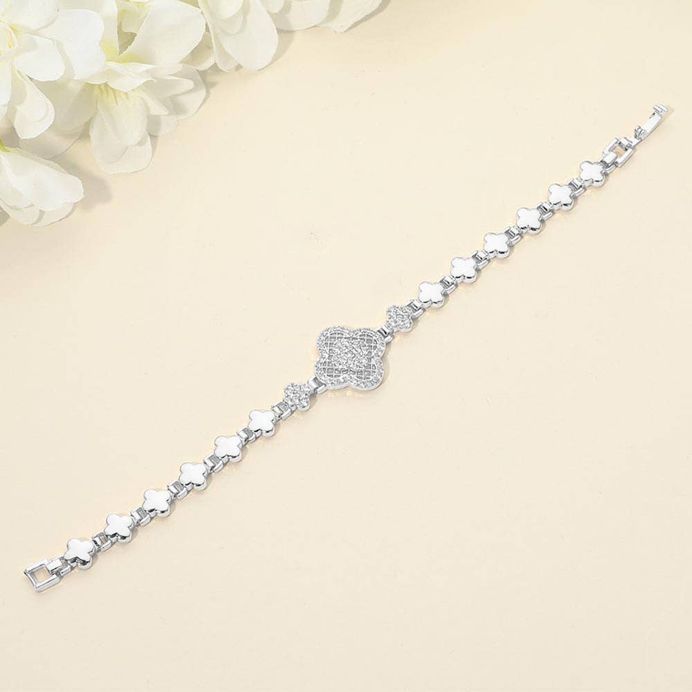 CZ Pave Quatrefoil Charm Accent Link Bracelet