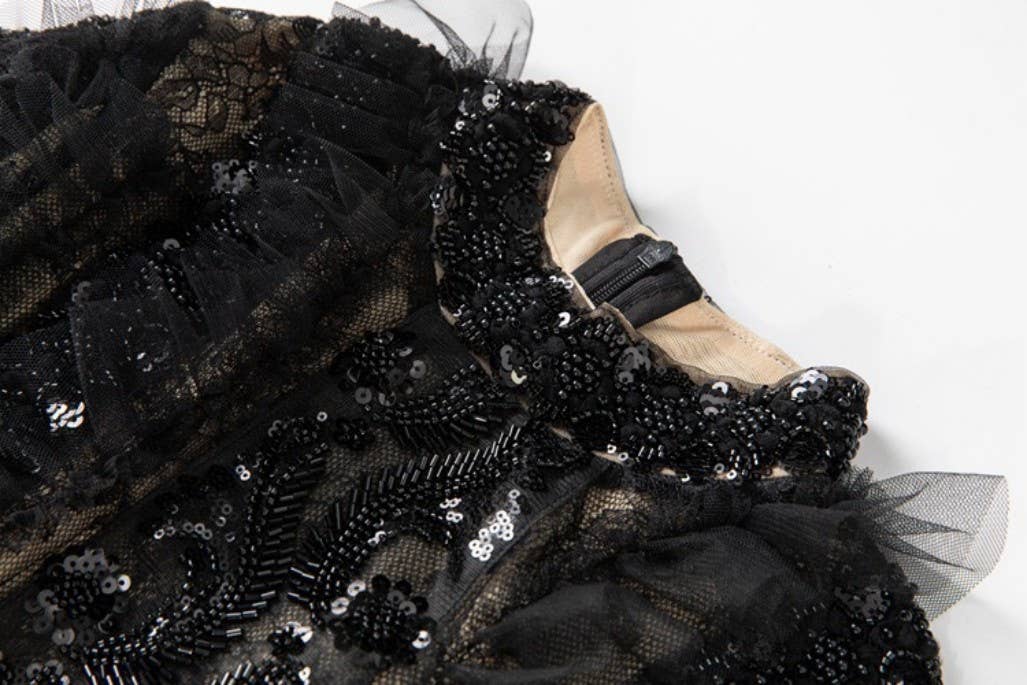 DR819L Hand-Beaded Sequin Ruffled Stand Collar Maxi Dress