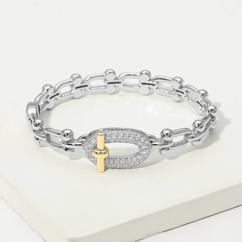 14K Gold Plated Two Tone CZ Pavel Oval Accent Industrial Link Hinged Bangle Bracelet