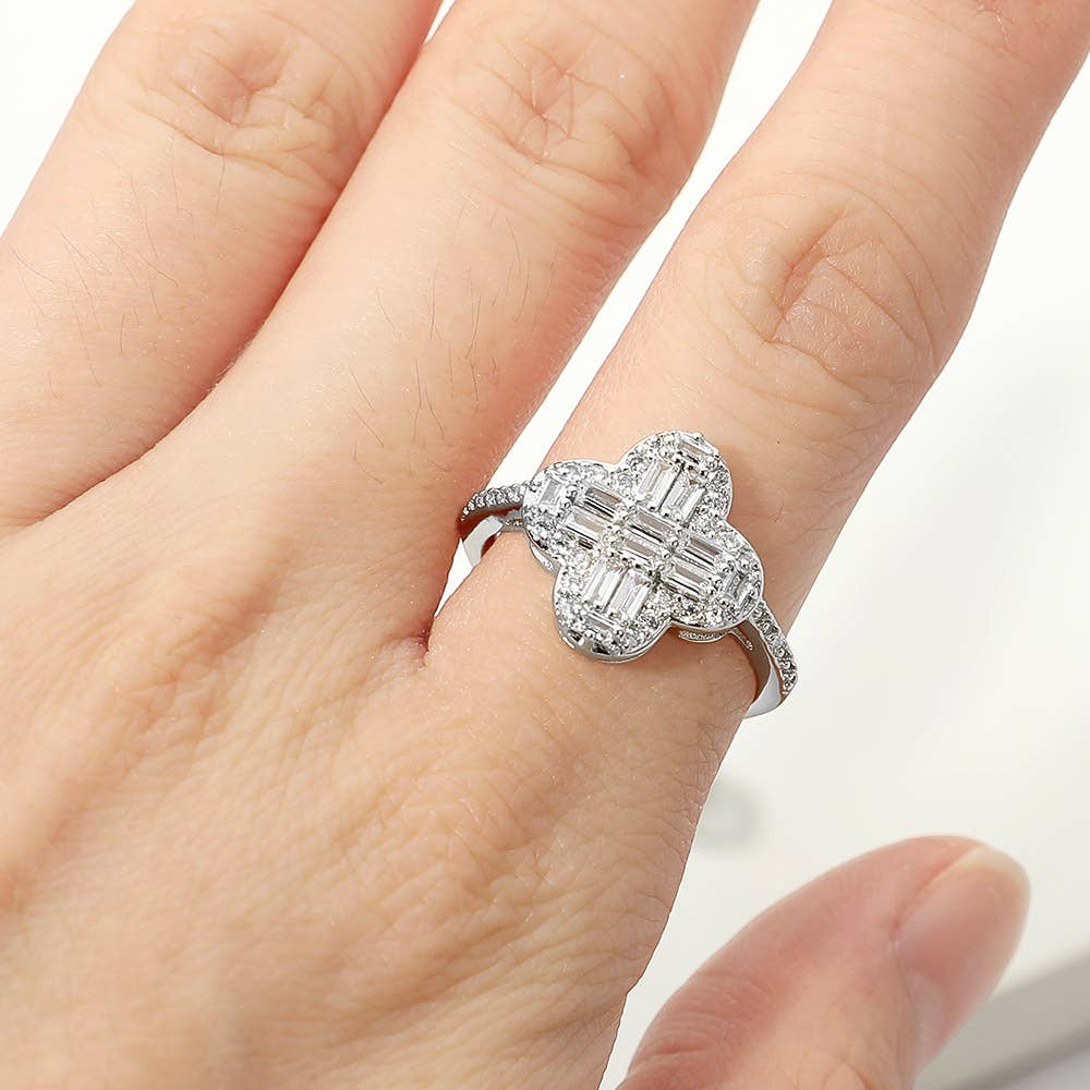 14K Gold Plated CZ Baguette Quatrefoil Adjustable Ring
