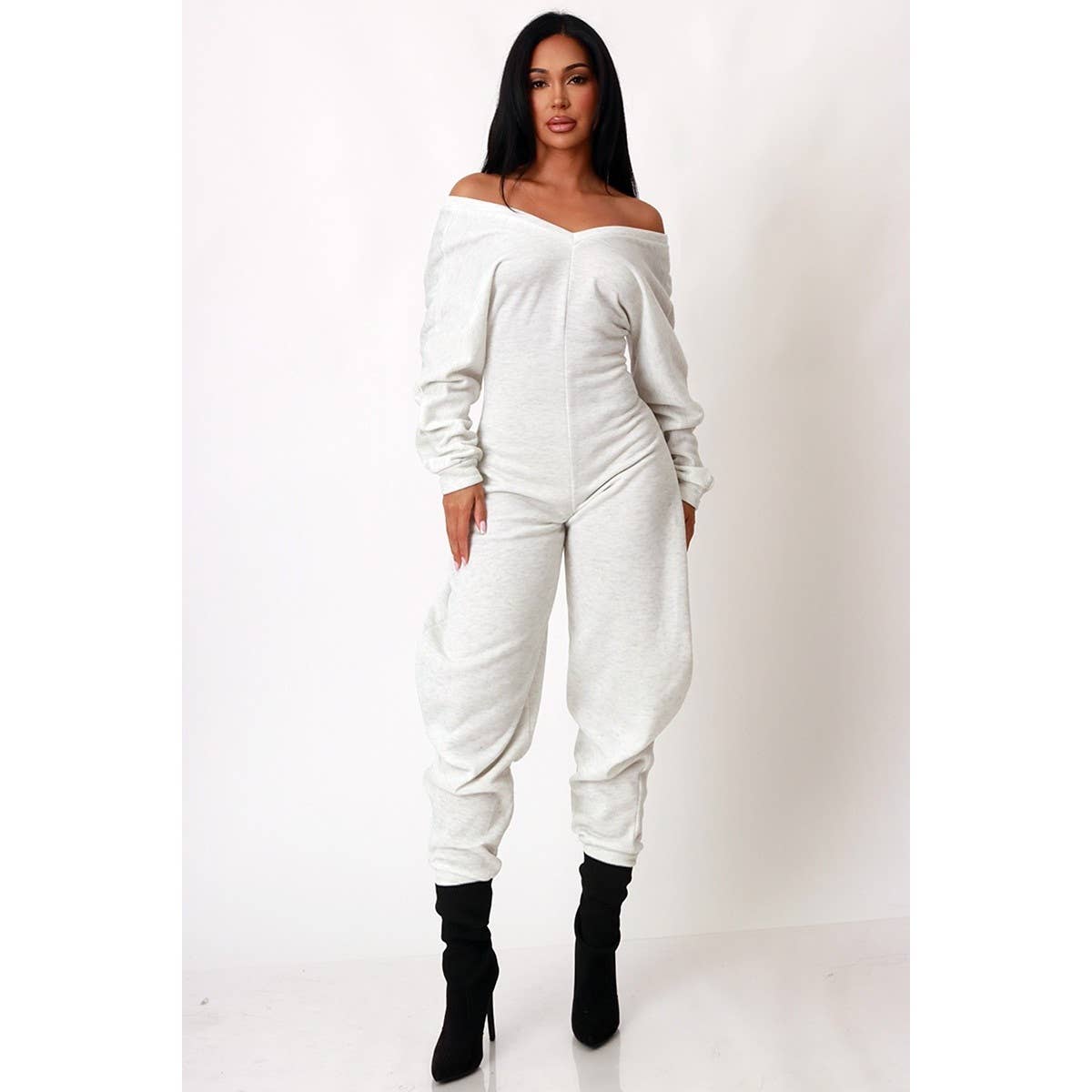Off Shoulder Cozy Sweatshirt Jumpsuit - Plus Size