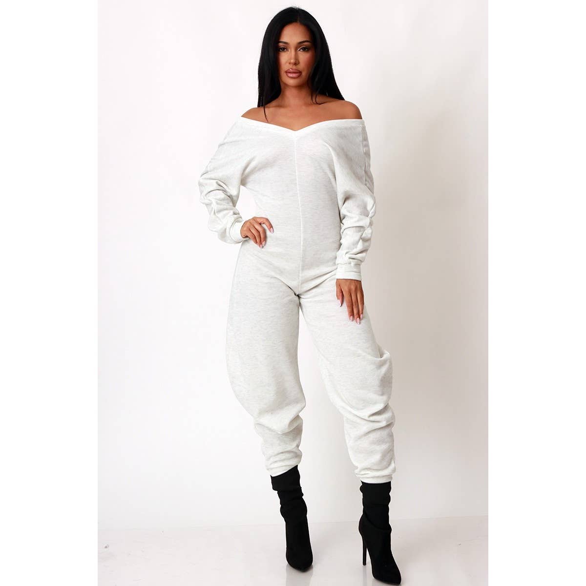 Off Shoulder Cozy Sweatshirt Jumpsuit - Plus Size