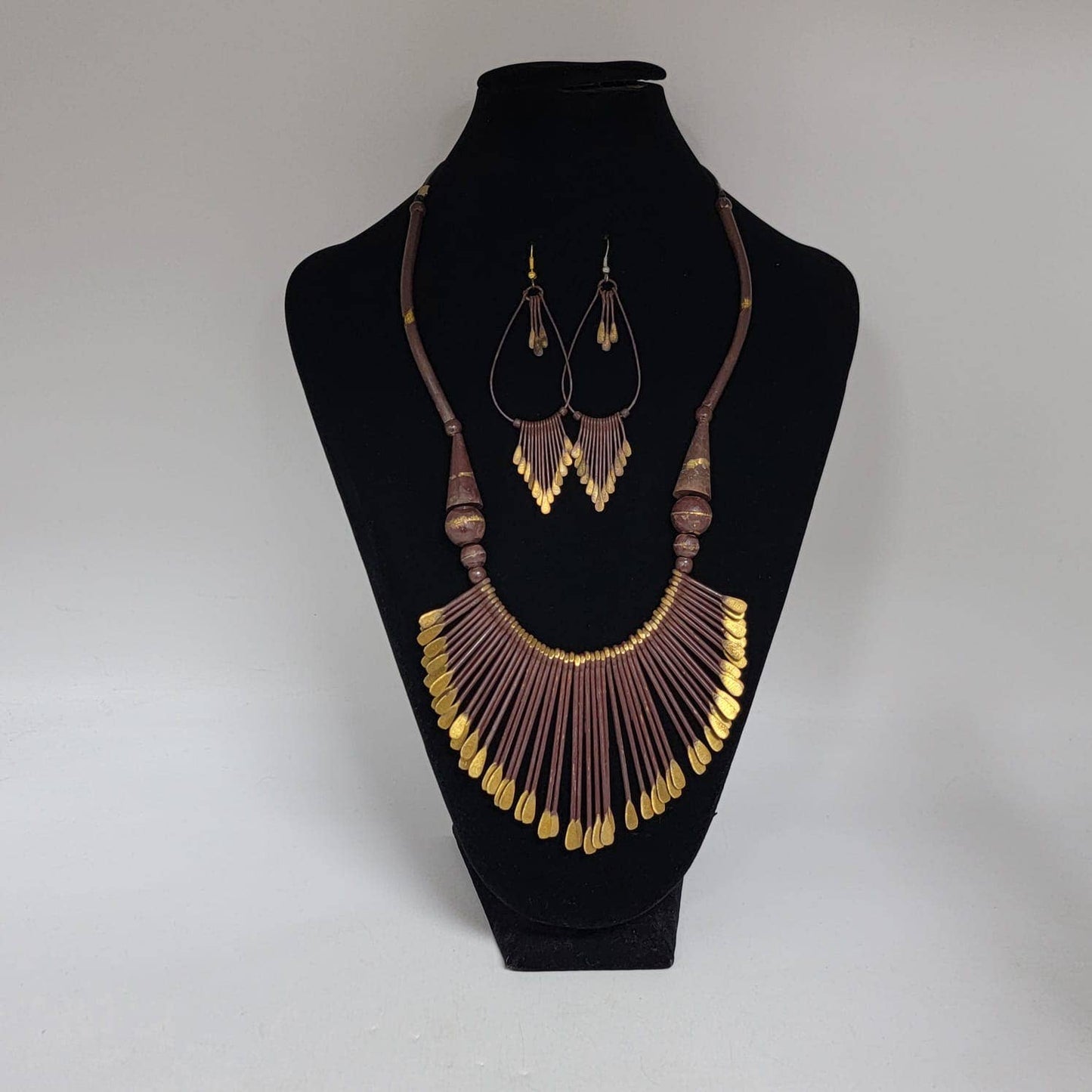 Patina Necklace Set-Sun Ray Design-Gold Tone-Boho Style