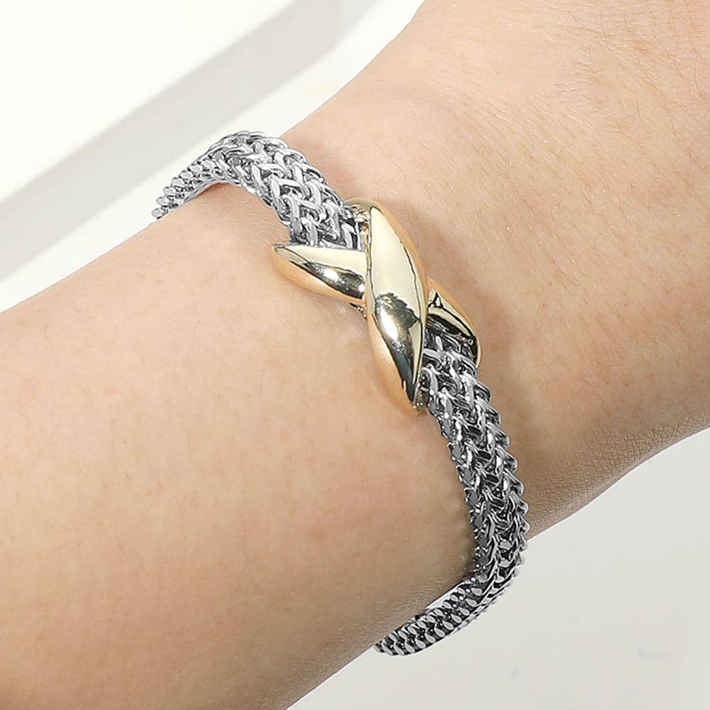 14K Gold Plated Two Tone Crisscross Centerpiece Mesh Chain Magnetic Bracelet