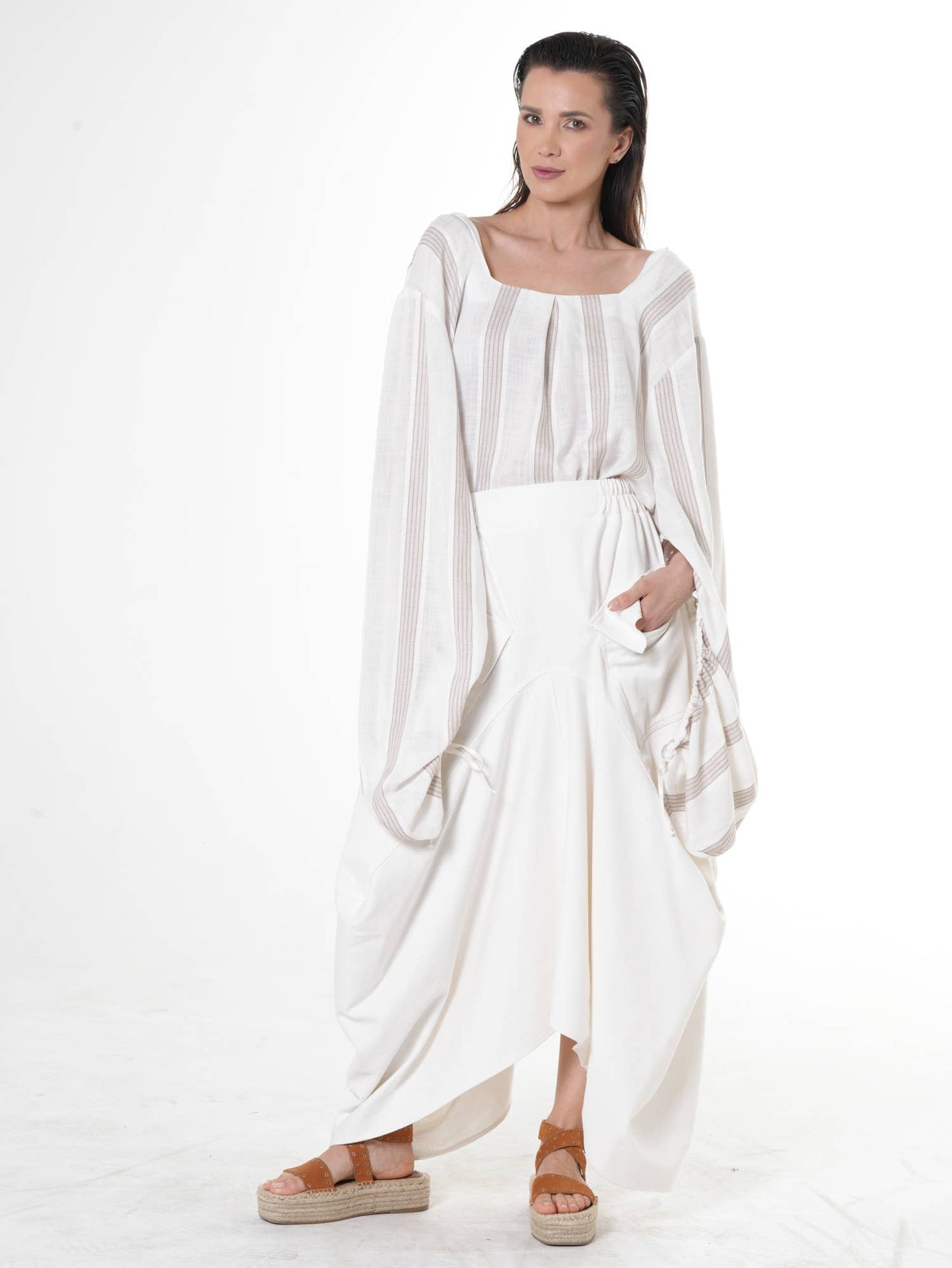 Asymmetrical Long Denim Skirt In White