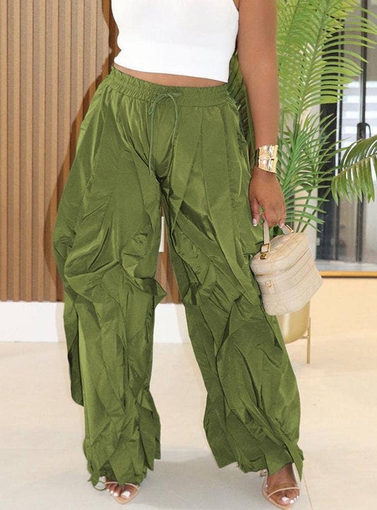 Wide-Leg Ruffled Trousers Drawstring Parachute Pants