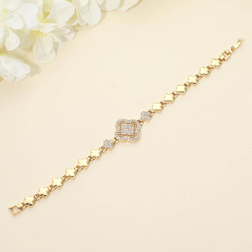 CZ Pave Quatrefoil Charm Accent Link Bracelet