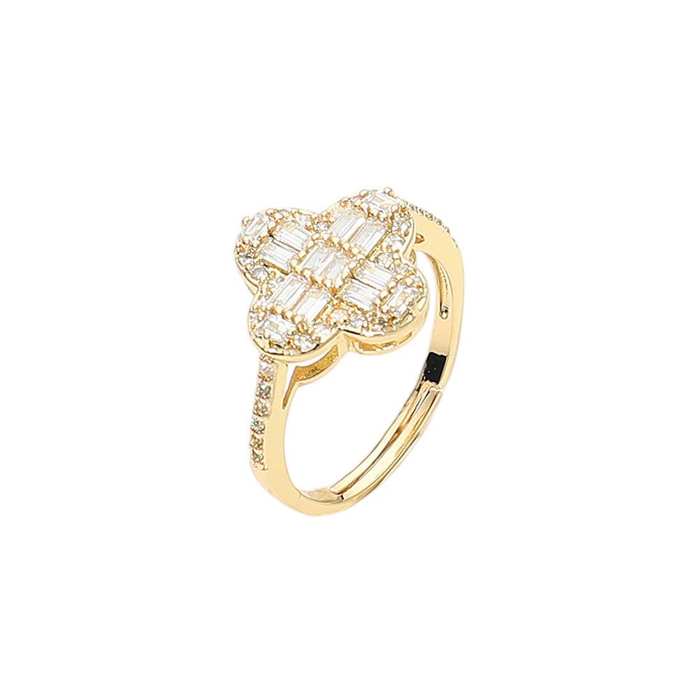 14K Gold Plated CZ Baguette Quatrefoil Adjustable Ring