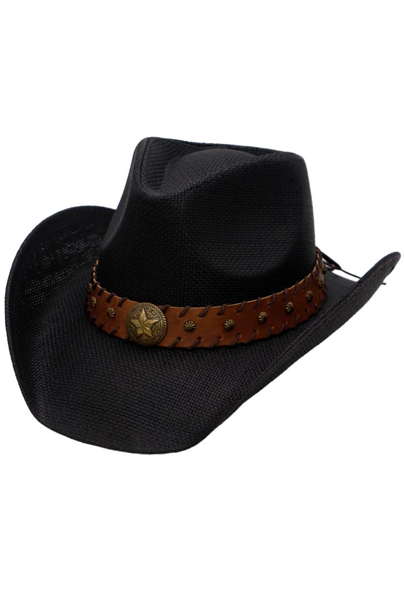 Star Stitched Belt Hard Shell Straw Cowboy Hat
