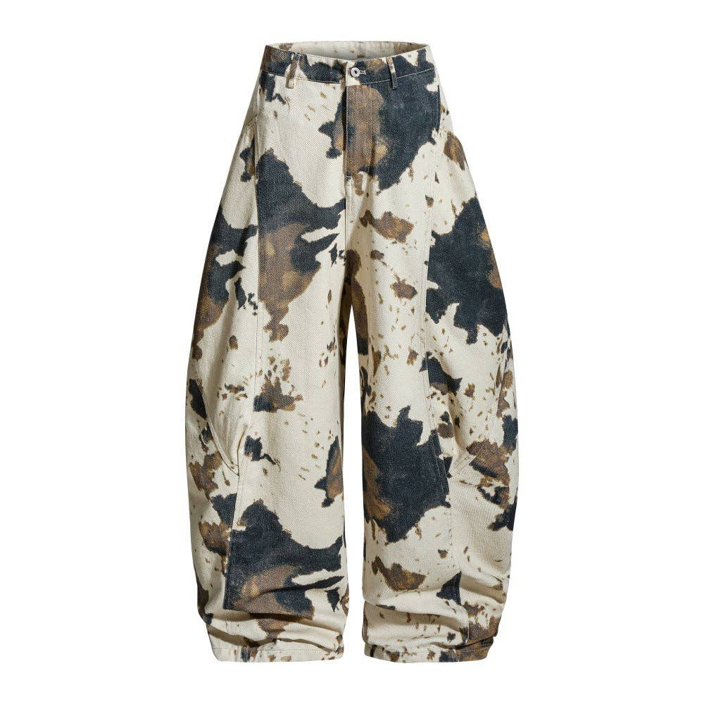 Trendy Tie-Dye Cow Print Wide-Leg Cargo Pants