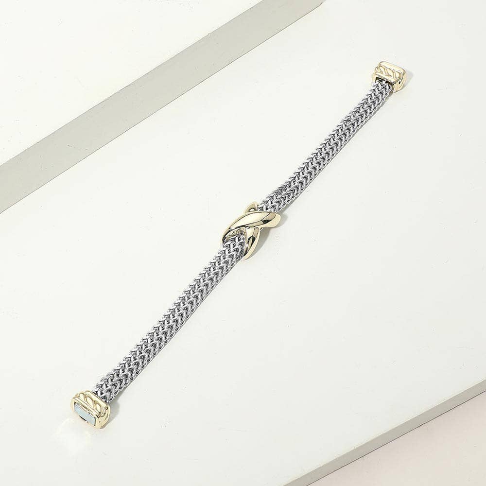 14K Gold Plated Two Tone Crisscross Centerpiece Mesh Chain Magnetic Bracelet
