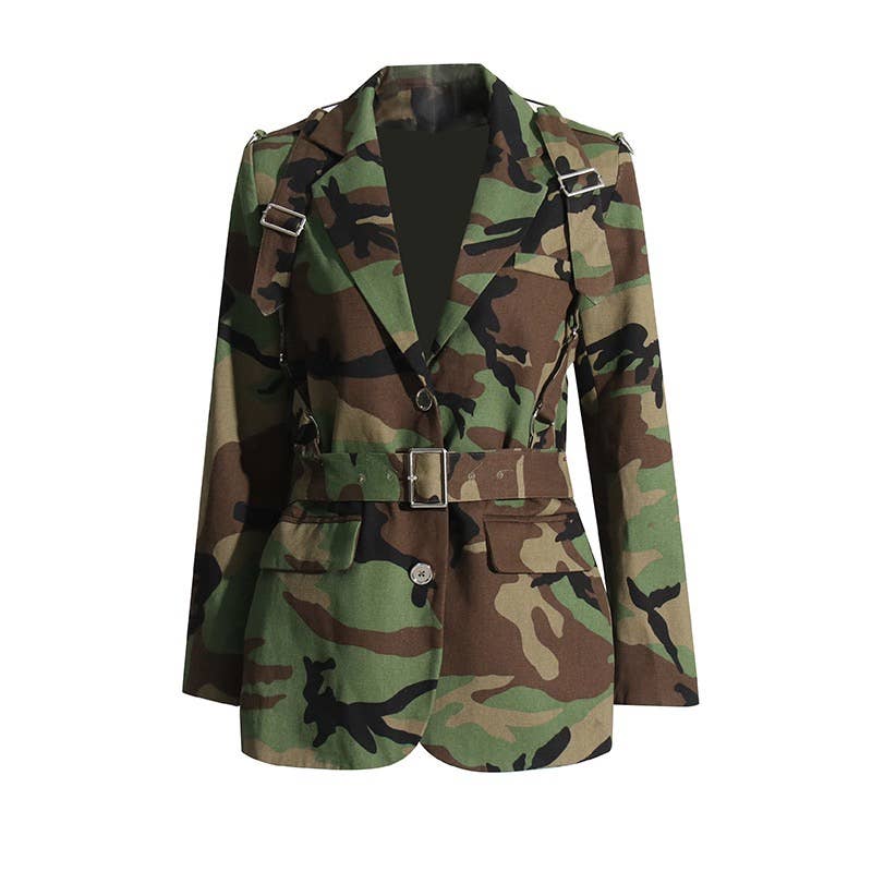Camouflage Belted Blazer with Military Accents