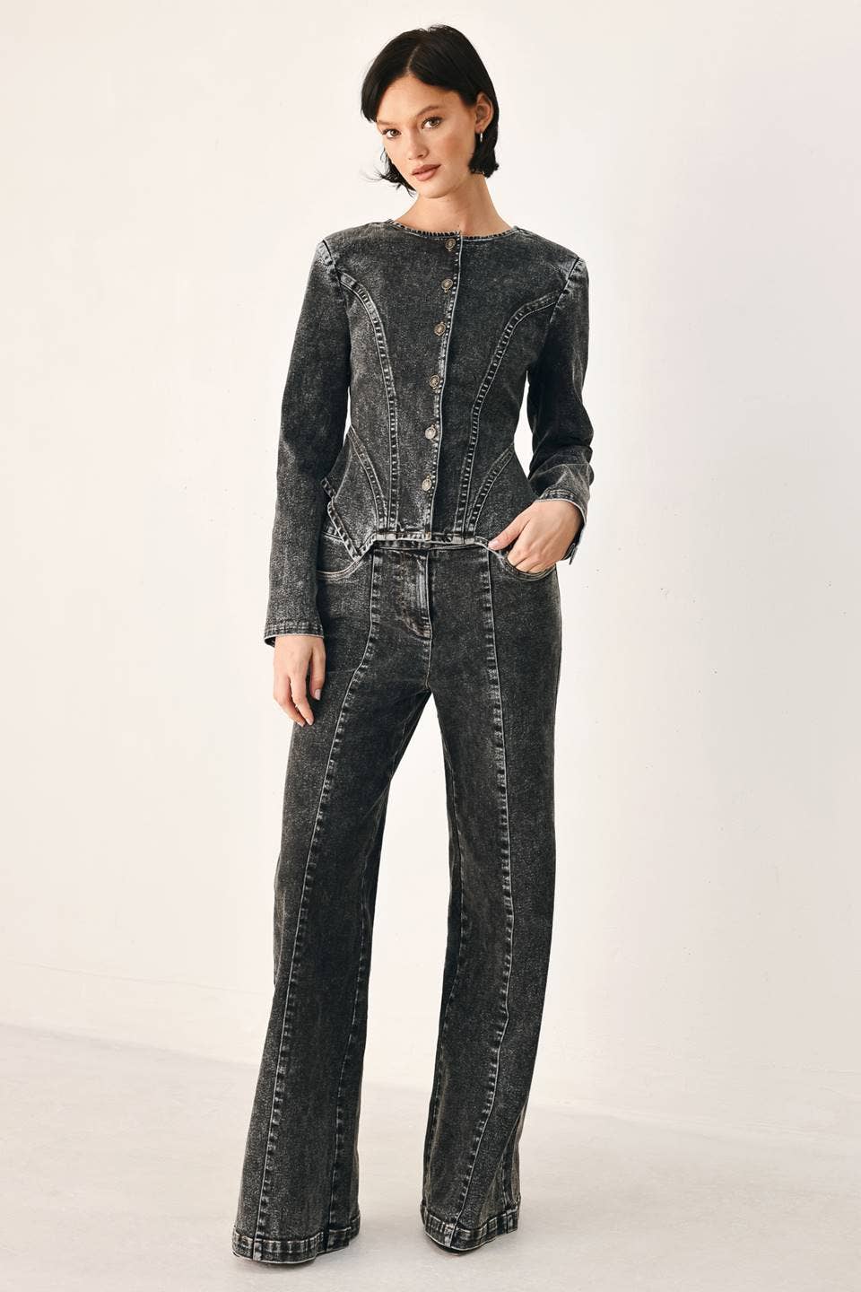 An acid washed denim peplum jacket  - FJ1574