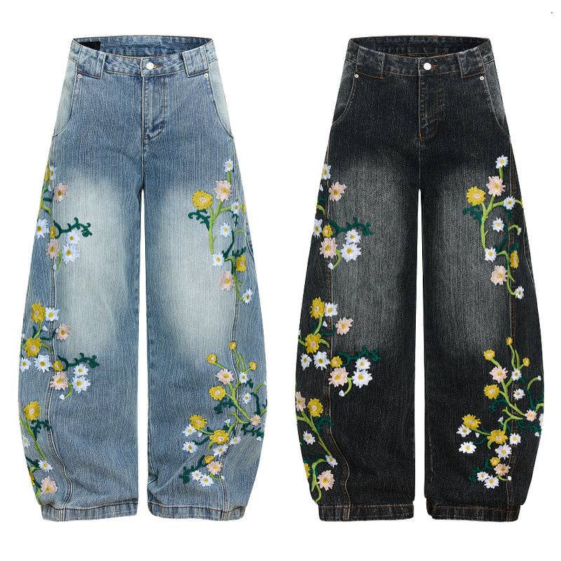 Vintage Floral Embroidered Denim Wide-Leg Trousers