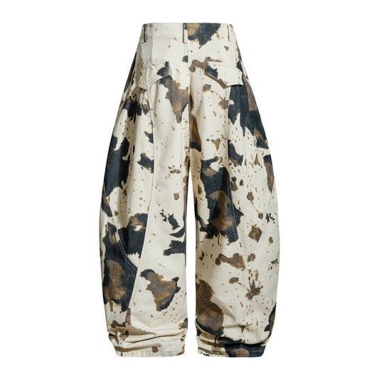 Trendy Tie-Dye Cow Print Wide-Leg Cargo Pants