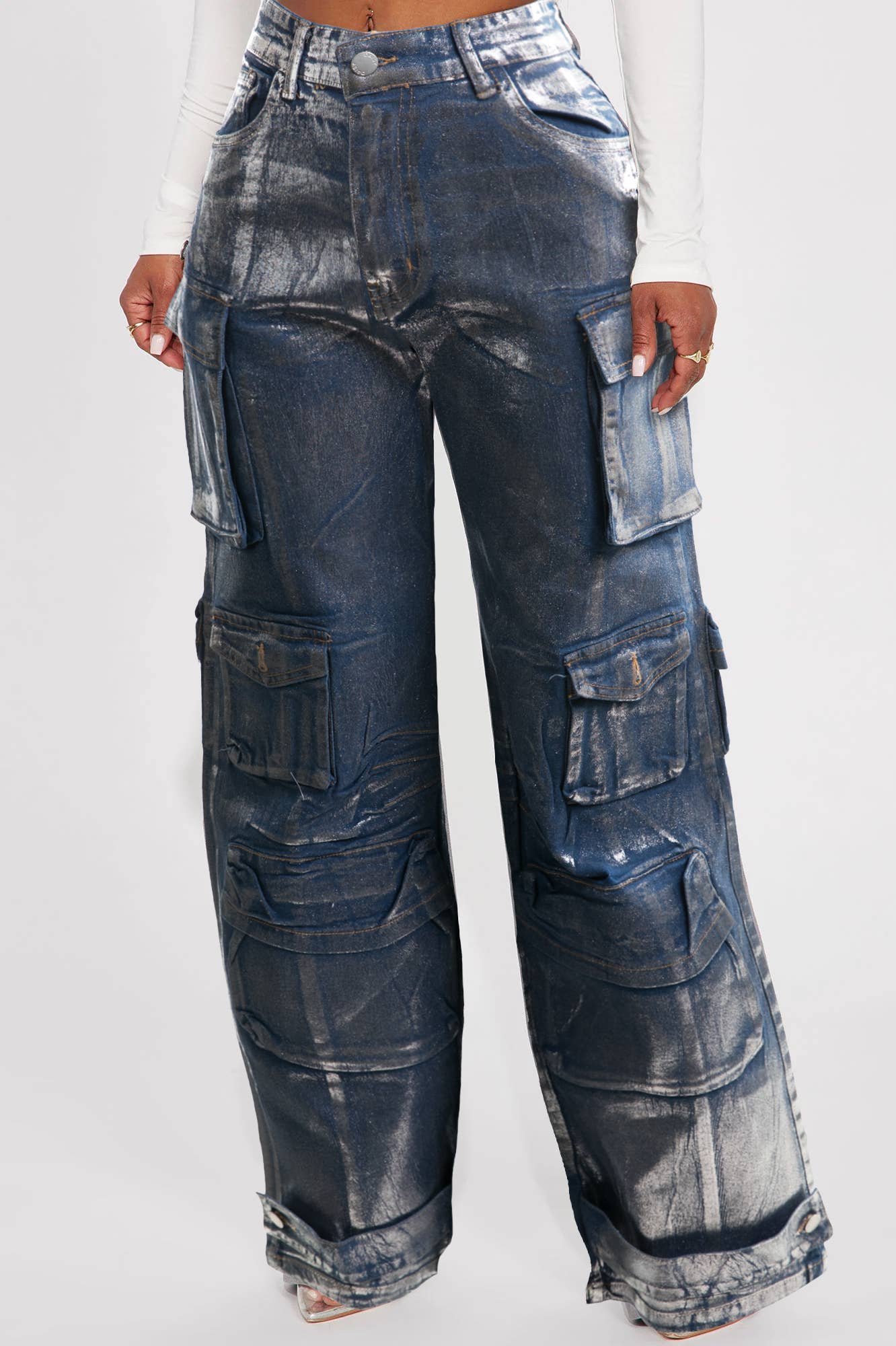 FOIL CARGO WIDE LEG JEANS - GOLD