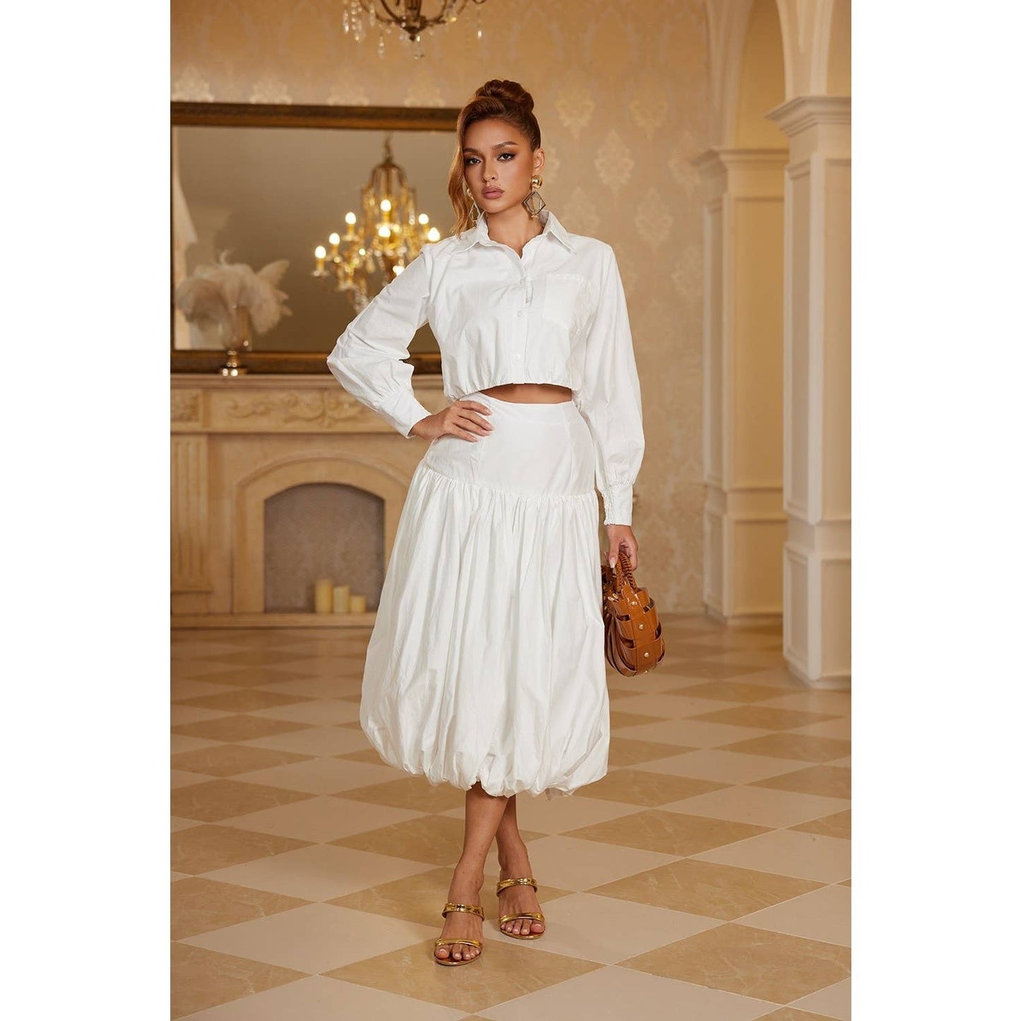 Crisp Collared Crop Shirt And Bubble Skirt Set