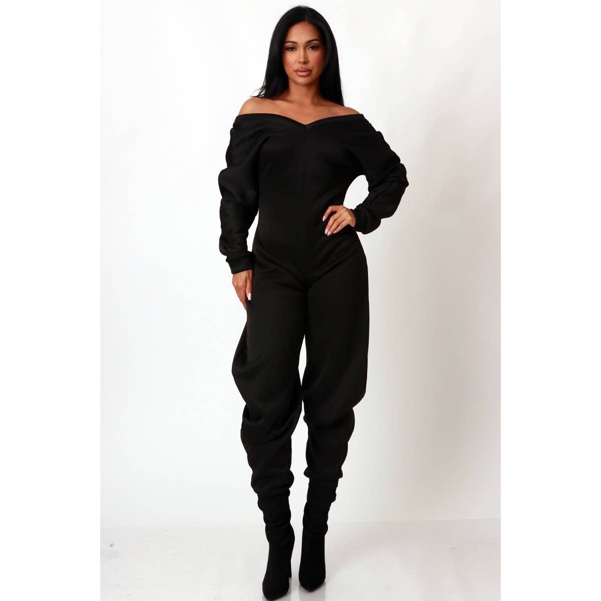 Off Shoulder Cozy Sweatshirt Jumpsuit - Plus Size