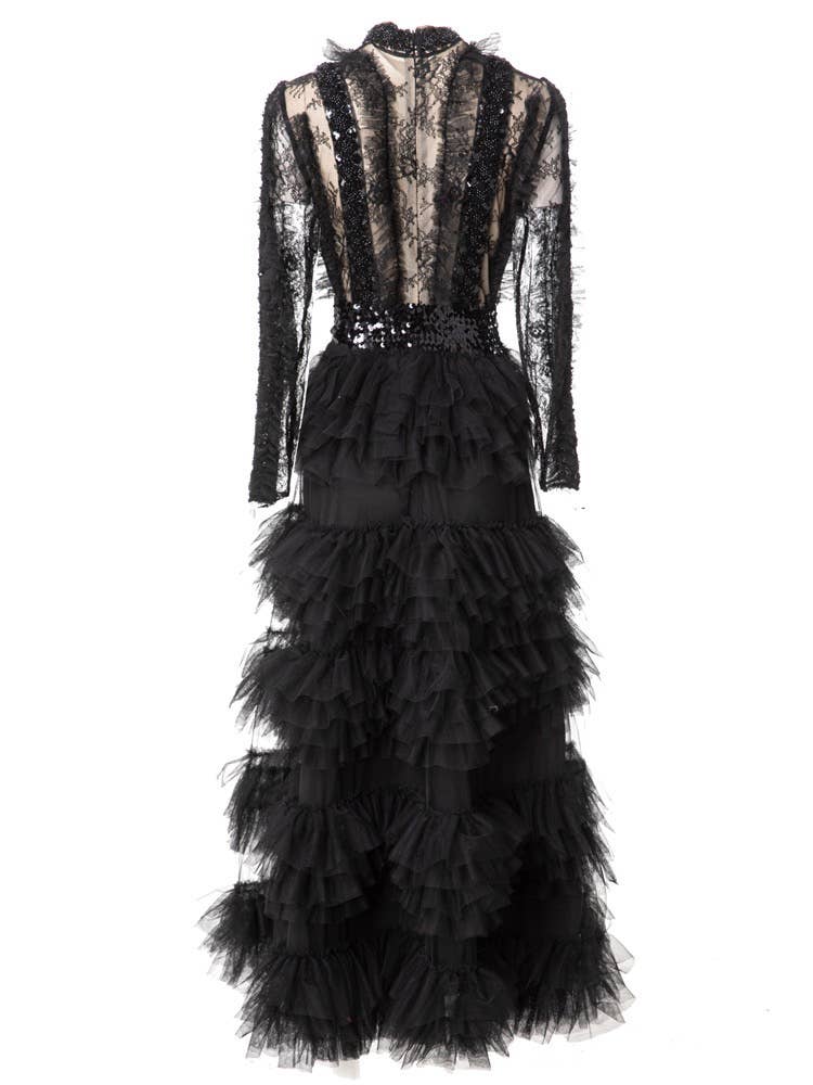 DR819L Hand-Beaded Sequin Ruffled Stand Collar Maxi Dress