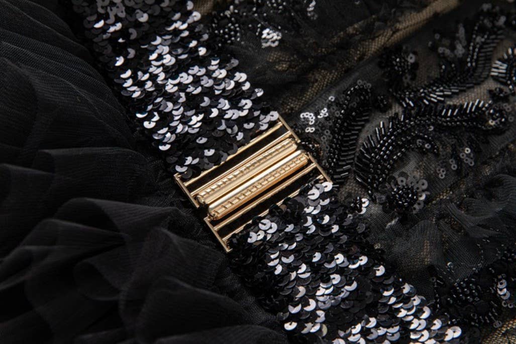 DR819L Hand-Beaded Sequin Ruffled Stand Collar Maxi Dress
