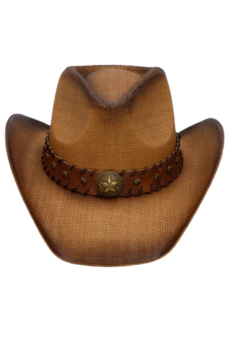 Star Stitched Belt Hard Shell Straw Cowboy Hat