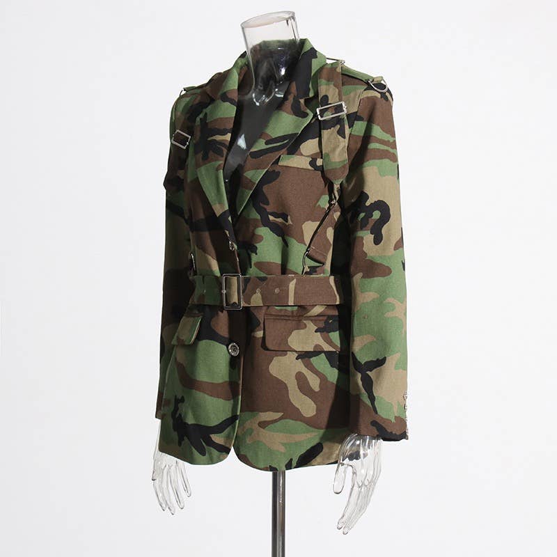 Camouflage Belted Blazer with Military Accents