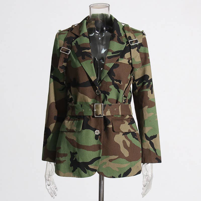 Camouflage Belted Blazer with Military Accents