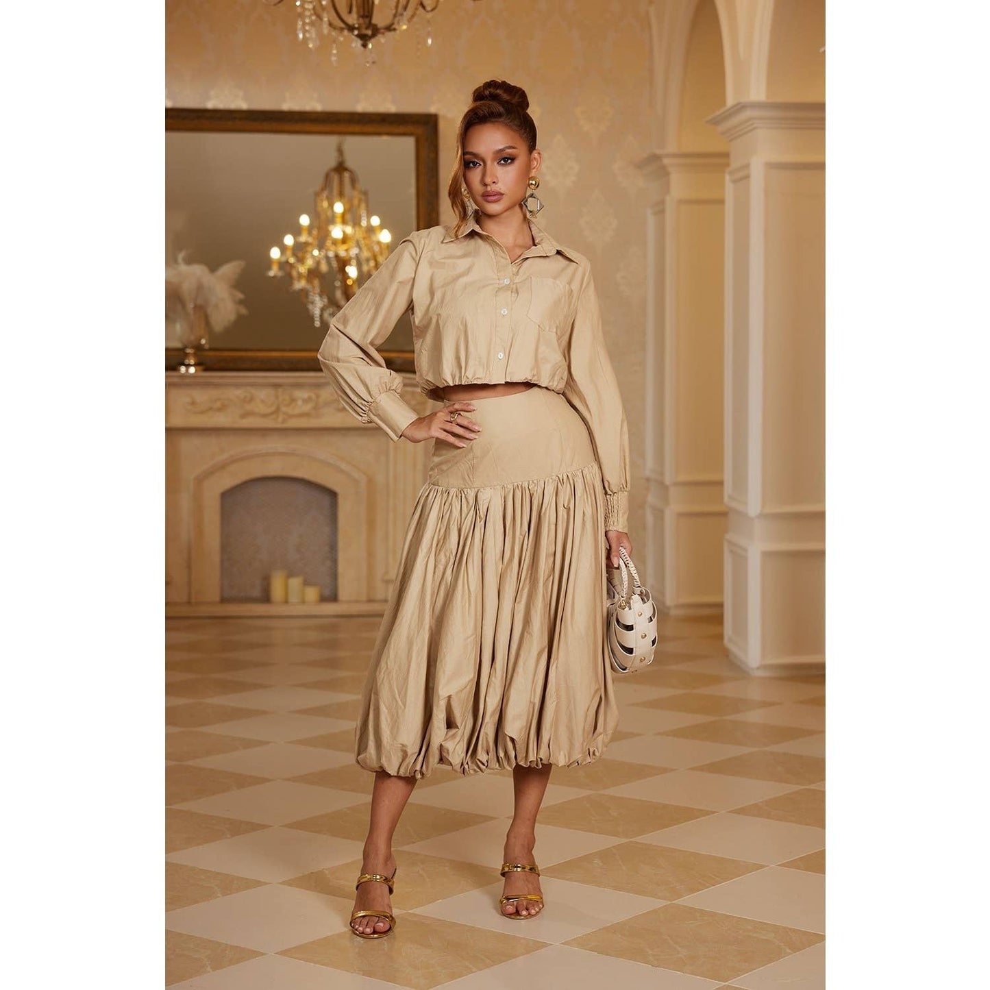 Crisp Collared Crop Shirt And Bubble Skirt Set