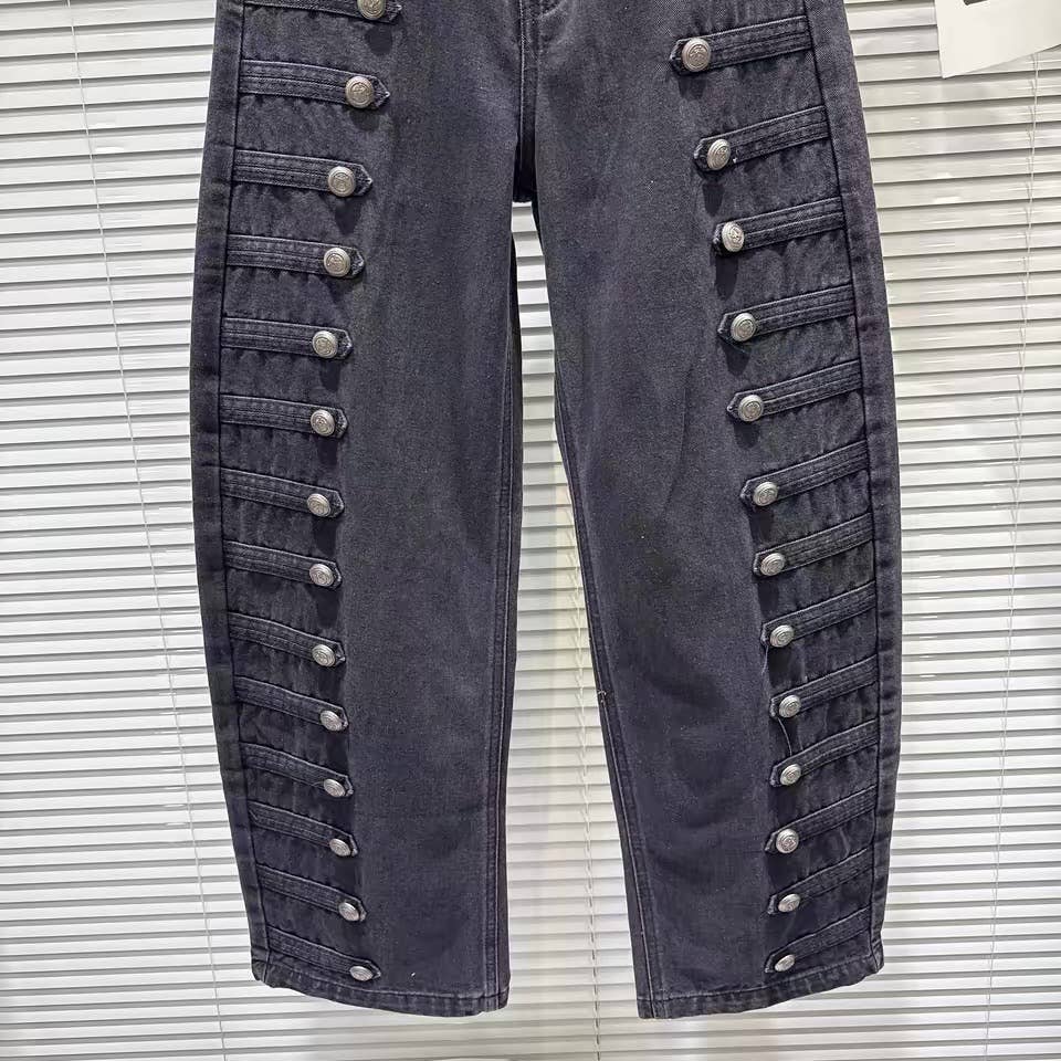 DY40Y Metal Button Wide Leg Barrel Denim Jeans