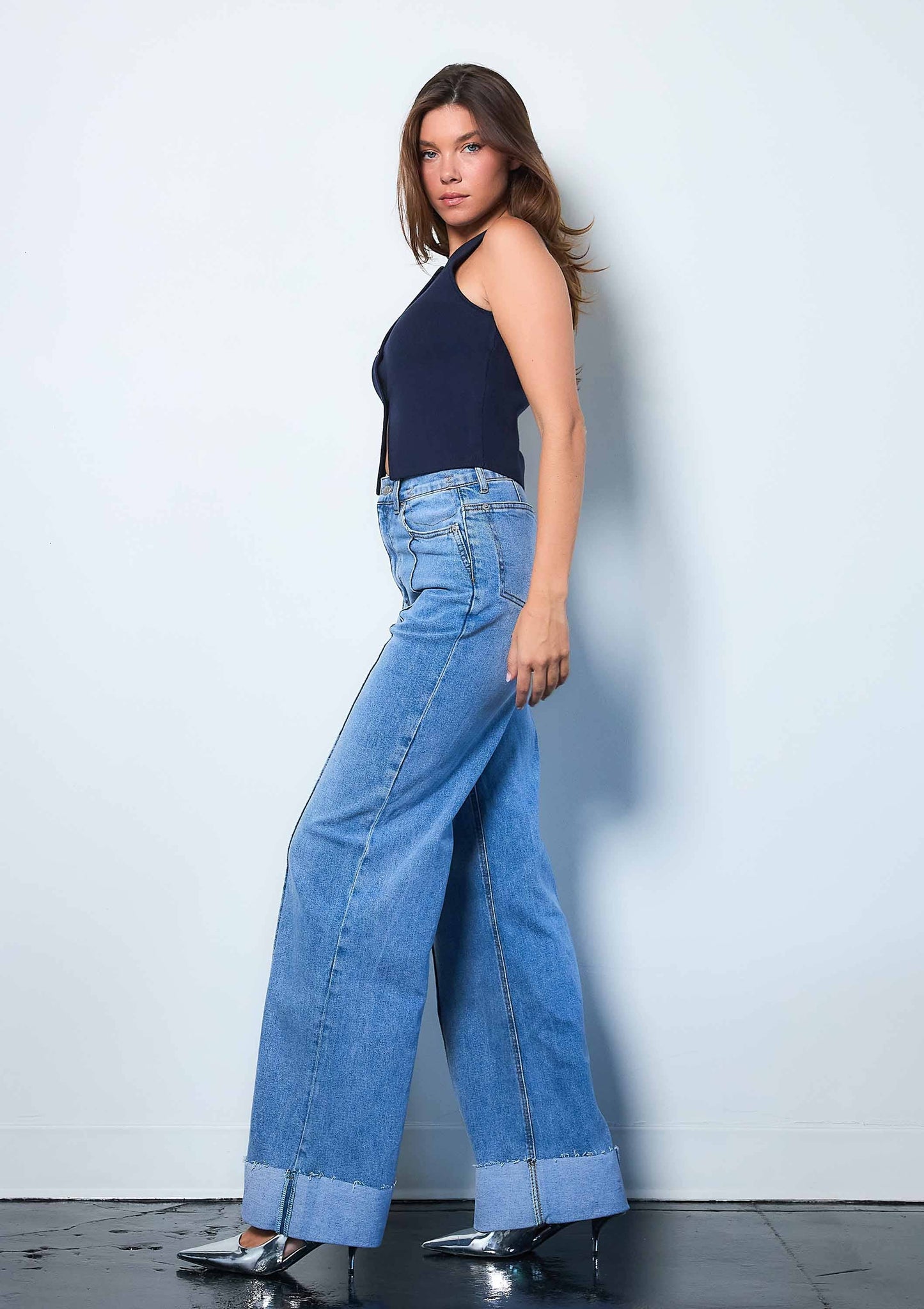 Folded Hem Wide Leg Jeans