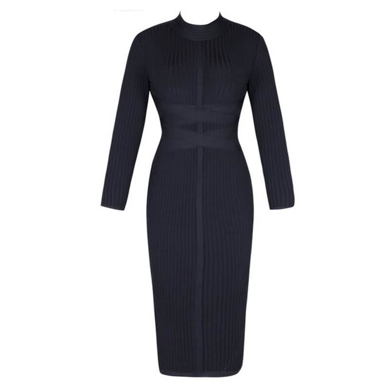 Elegant Stand Collar Long Sleeve Slim Fit Midi Dress
