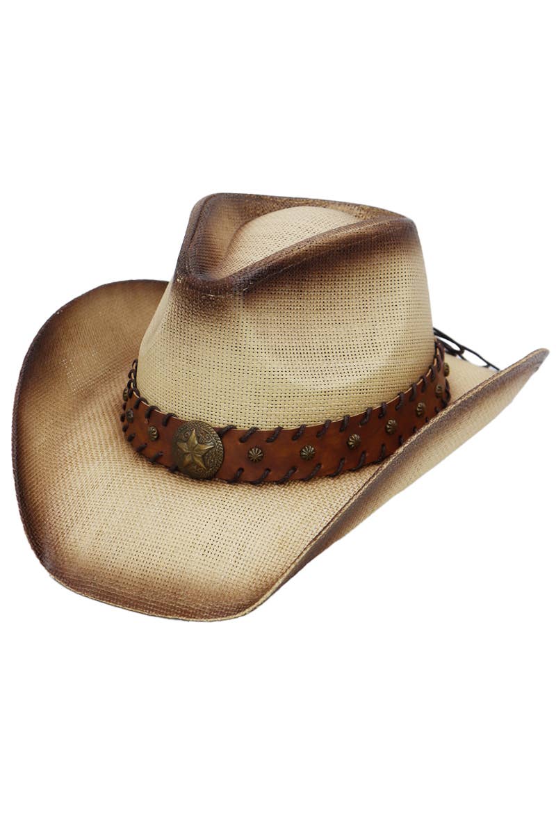 Star Stitched Belt Hard Shell Straw Cowboy Hat