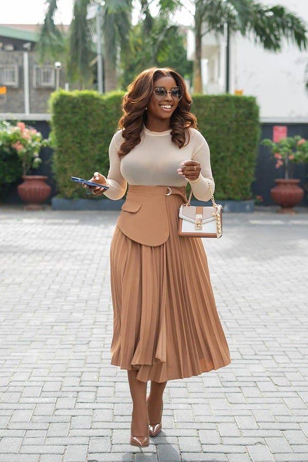 Fashion High Waist Design Sense A-Line Pleated Mid-Length Skirt