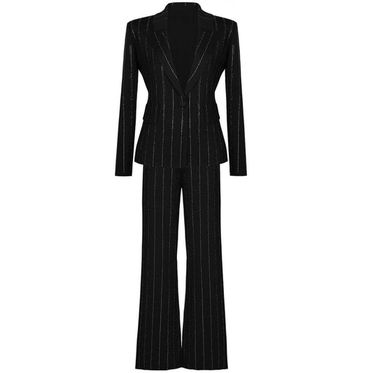 Striped Knit Diamond Suit Jacket & Pants Set for Women