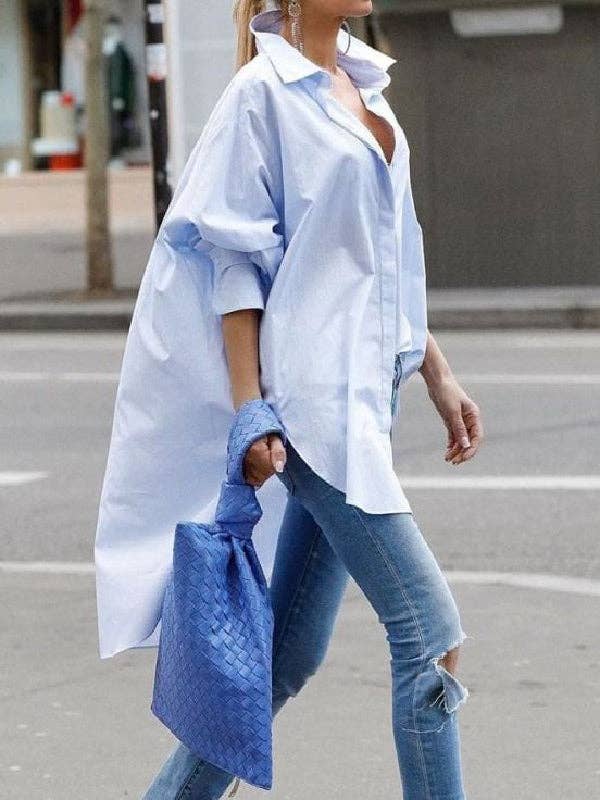 Long Sleeve High-Low Solid Color Blouse