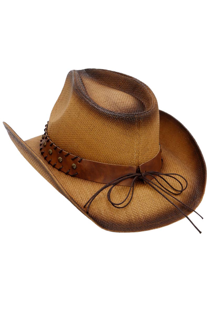 Star Stitched Belt Hard Shell Straw Cowboy Hat